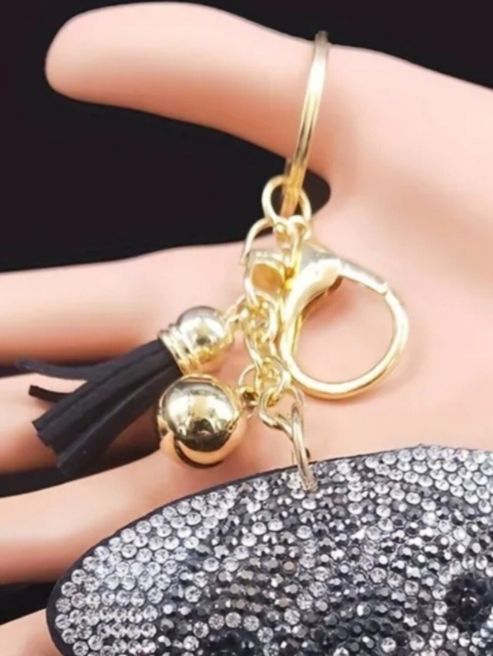 Bling Dog Crystal Rhinestone Keychain Bag Charm With Black Tassel, Pug - Picture 5 of 5